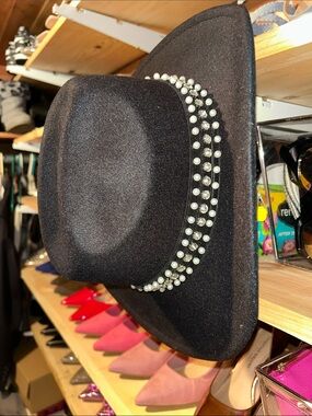 Black Pearl-Embellished Wide Brim Women's Hat